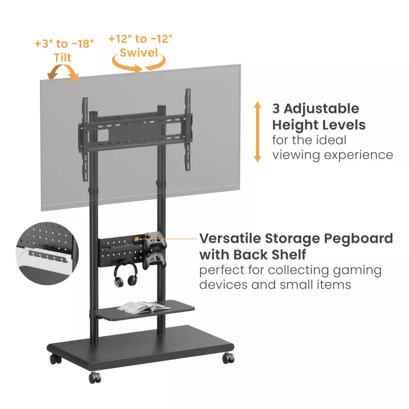 Mobiilne telerikäru EQUIP 50 tolli – 90 tolli, perforeeritud riiuliga, VESA 200x200–600x400, 60 kg, must