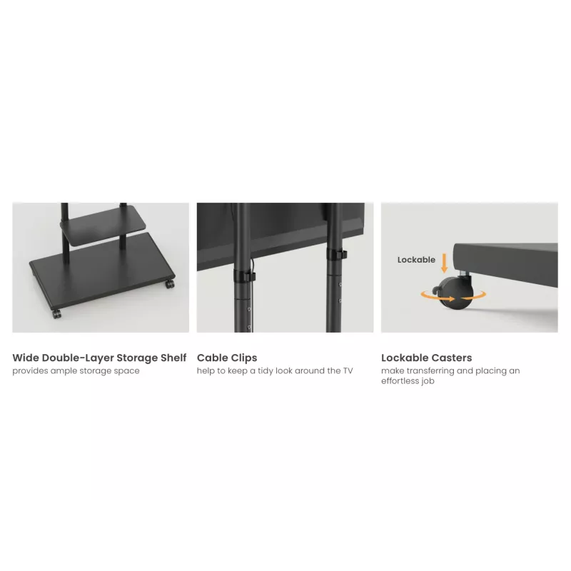 Mobiilne telerikäru EQUIP 50 tolli – 90 tolli, perforeeritud riiuliga, VESA 200x200–600x400, 60 kg, must
