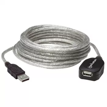 Manhattan USB-A USB-A pikenduskaabel, 5 m, isane emasele, aktiivne, läbipaistev hõbedane, 480 Mbit/s (USB 2.0), ahelühendatav, sisseehitatud repiiter, Hi-Speed USB, kolmeaastane garantii