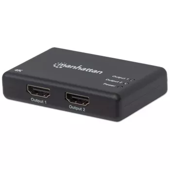 Manhattan HDMI-jaotur 2-pordiline, 4K@30Hz, väljastab signaali ühest HDMI-allikast kahele HD-ekraanile (sama väljund mõlemale ekraanile), vahelduvvoolutoide (kaabel 0,9 m), must, kolmeaastane garantii