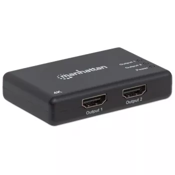 Manhattan HDMI-jaotur 2-pordiline, 4K@30Hz, väljastab signaali ühest HDMI-allikast kahele HD-ekraanile (sama väljund mõlemale ekraanile), vahelduvvoolutoide (kaabel 0,9 m), must, kolmeaastane garantii