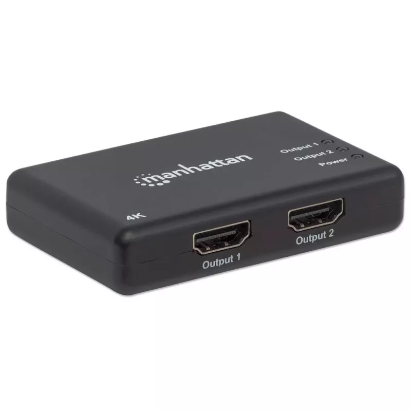 Manhattan HDMI-jaotur 2-pordiline, 4K@30Hz, väljastab signaali ühest HDMI-allikast kahele HD-ekraanile (sama väljund mõlemale ekraanile), vahelduvvoolutoide (kaabel 0,9 m), must, kolmeaastane garantii