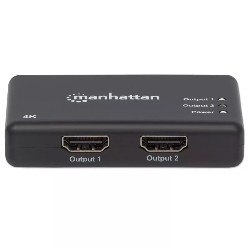 Manhattan HDMI-jaotur 2-pordiline, 4K@30Hz, väljastab signaali ühest HDMI-allikast kahele HD-ekraanile (sama väljund mõlemale ekraanile), vahelduvvoolutoide (kaabel 0,9 m), must, kolmeaastane garantii