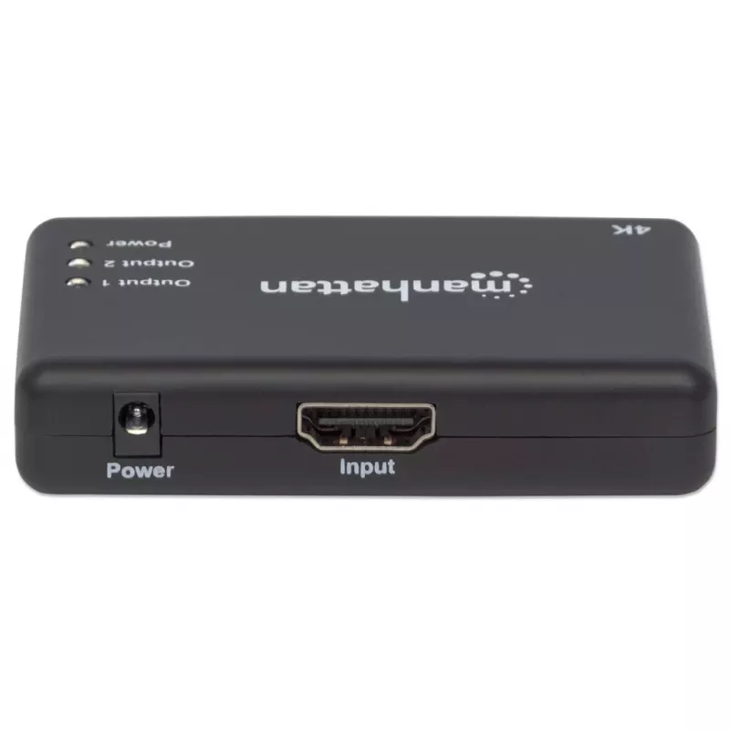 Manhattan HDMI-jaotur 2-pordiline, 4K@30Hz, väljastab signaali ühest HDMI-allikast kahele HD-ekraanile (sama väljund mõlemale ekraanile), vahelduvvoolutoide (kaabel 0,9 m), must, kolmeaastane garantii
