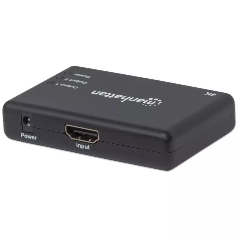 Manhattan HDMI-jaotur 2-pordiline, 4K@30Hz, väljastab signaali ühest HDMI-allikast kahele HD-ekraanile (sama väljund mõlemale ekraanile), vahelduvvoolutoide (kaabel 0,9 m), must, kolmeaastane garantii