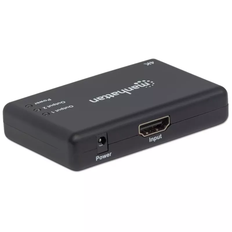Manhattan HDMI-jaotur 2-pordiline, 4K@30Hz, väljastab signaali ühest HDMI-allikast kahele HD-ekraanile (sama väljund mõlemale ekraanile), vahelduvvoolutoide (kaabel 0,9 m), must, kolmeaastane garantii