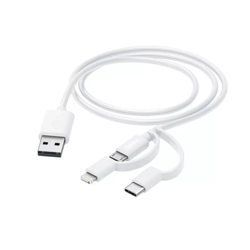 Hama 3-in-1 mitmeotstarbeline laadimiskaabel, USB-A - Micro-USB, USB-C ja Lightning, 1,0 m, valge