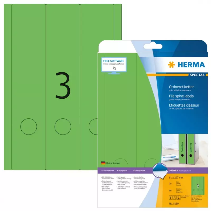 Failisildid HERMA A4 61x297 mm roheline paber matt läbipaistmatu 60 tk