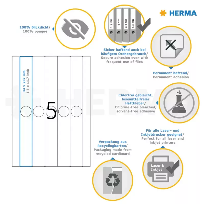 Rippmapi sildid HERMA 5165 A4 34x297 mm valge paber matt läbipaistmatu 125 tk