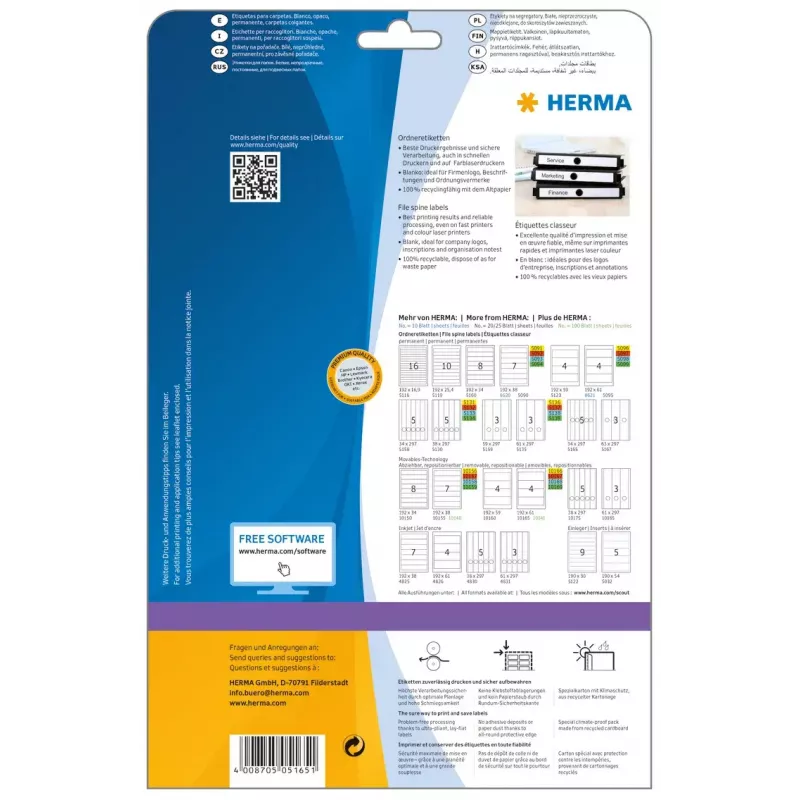 Rippmapi sildid HERMA 5165 A4 34x297 mm valge paber matt läbipaistmatu 125 tk