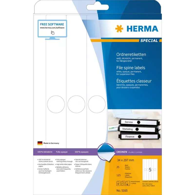 Rippmapi sildid HERMA 5165 A4 34x297 mm valge paber matt läbipaistmatu 125 tk