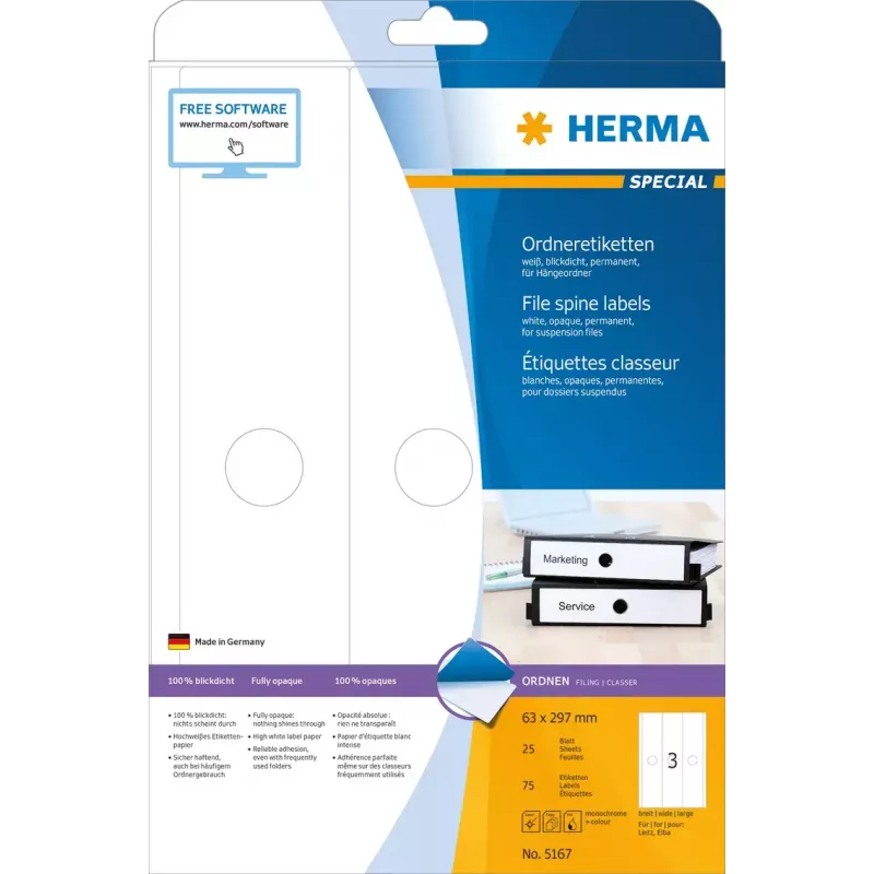 Rippkausta sildid HERMA 5167 A4 63x297 mm valge paber matt läbipaistmatu 75 tk