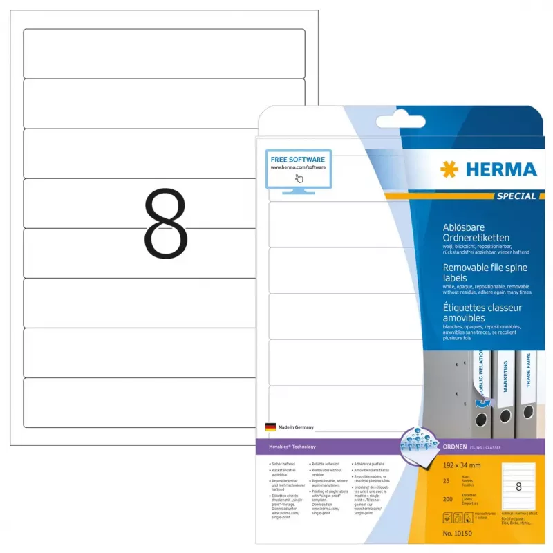Eemaldatavad failisildid HERMA A4 192x34 mm valged 200 tk