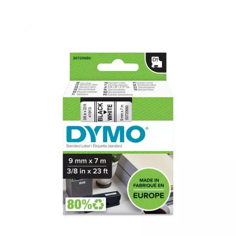 Label Tape DYMO D1 Standard Must on Valge 9mm