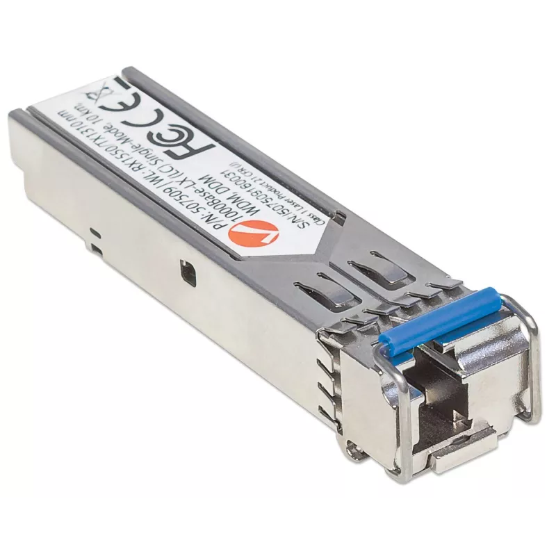 Intellinet transiiver Module Optical, Gigabit Fiber WDM Bi-Directional SFP, 1000Base-Lx (LC) Single-Mode Port, 10km, Wavelengths: receive (RX) 1550nm and transmit (TX) 1310nm, WDM (Rx1550/Tx1310), MSA Compliant, Equivalent to Cisco GLC-BX-U, Ethernet, Fiiber