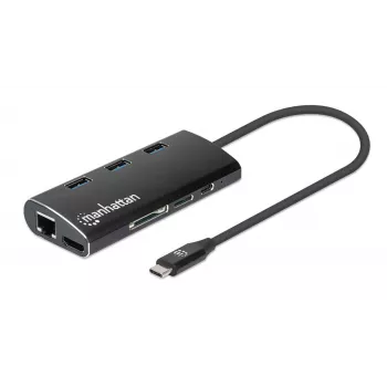 Manhattan USB-C dokk/jagaja kaardilugejaga, pordid (x6): Ethernet, HDMI, USB-A (x3) ja USB-C, toiteedastusega (100 W) USB-C porti (märkus: vaja on täiendavat USB-C seinakruvijat ja USB-C kaablit), universaalne kõigile seadmetele, alumiinium, samaväärne mudeliga DKT30CSDHPD3
