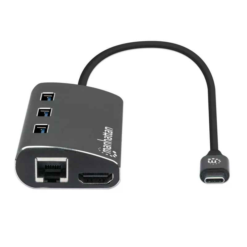 Manhattan USB-C dokk/jagaja kaardilugejaga, pordid (x6): Ethernet, HDMI, USB-A (x3) ja USB-C, toiteedastusega (100 W) USB-C porti (märkus: vaja on täiendavat USB-C seinakruvijat ja USB-C kaablit), universaalne kõigile seadmetele, alumiinium, samaväärne mudeliga DKT30CSDHPD3