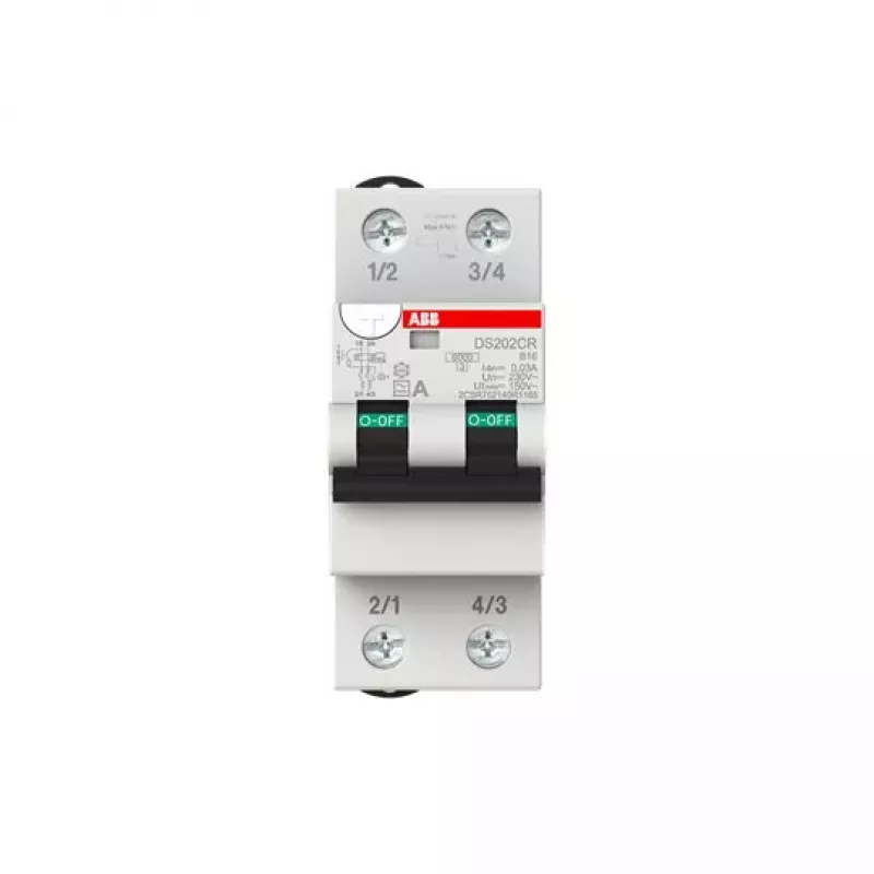 Rikkevoolukaitse ABB DS202CR B16 A30 — tüüp B, tüüp A rikkevool, 16 A, 4000 V, 36×72×86 mm