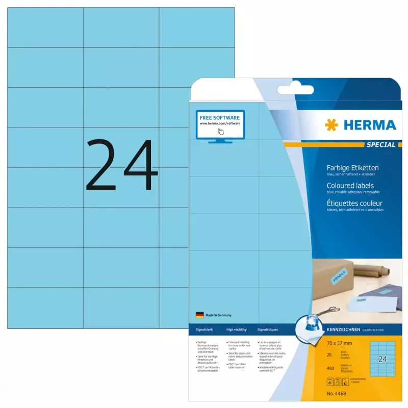 Isekleepuv printerisilt HERMA Coloured Labels A4 70x37 mm sinine