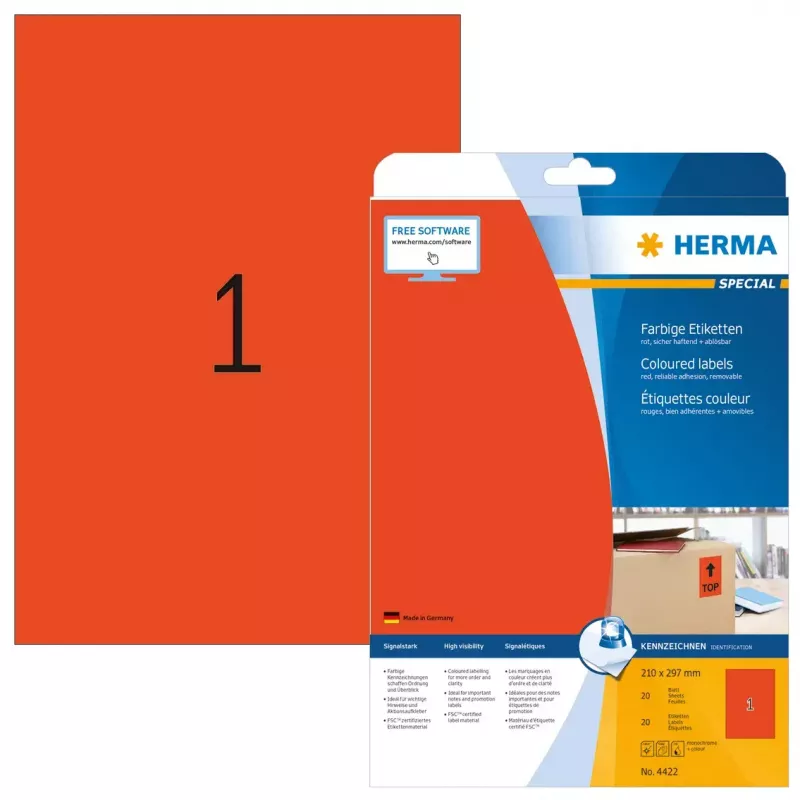 Isekleepuv printerisilt HERMA Coloured Labels A4 210x297 mm punane paber matt 20 tk.