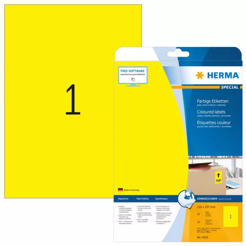 Isekleepuv printerisilt HERMA Coloured Labels A4 210x297 mm kollane paber matt 20 tk