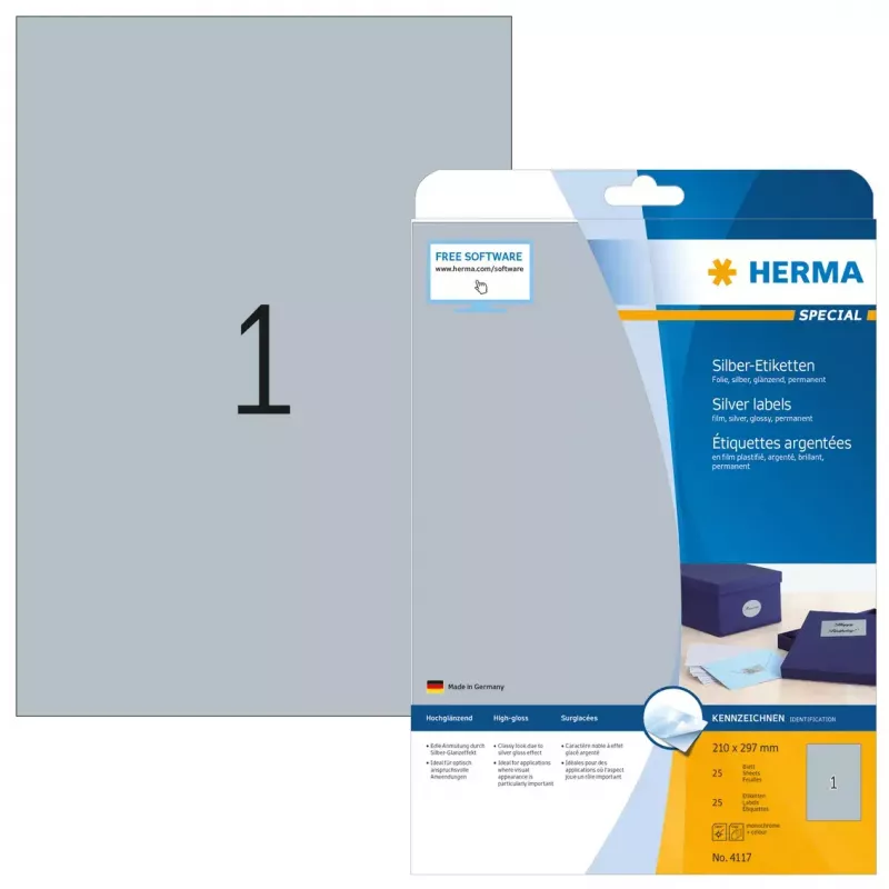 Isakleepuv printerisilt HERMA etiketid A4 210x297 mm hõbedane läikiv foolium 25 tk