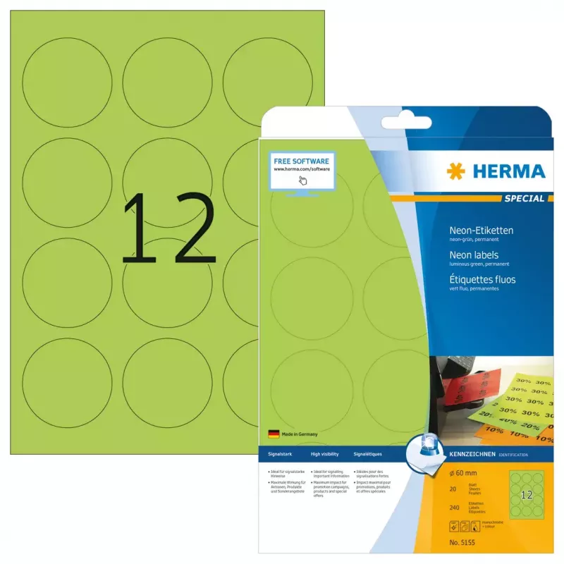 Isekleepuv printerisilt HERMA Neonsildid A4 Ø 60 mm