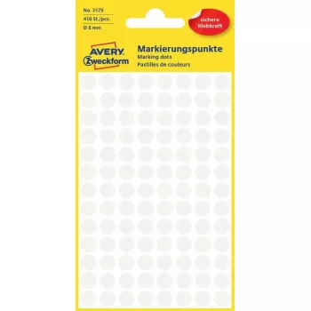Labels Avery Zweckform Värvikodeerimise täpid valged, ümmargused püsiliimiga, 8 mm, 416 tk