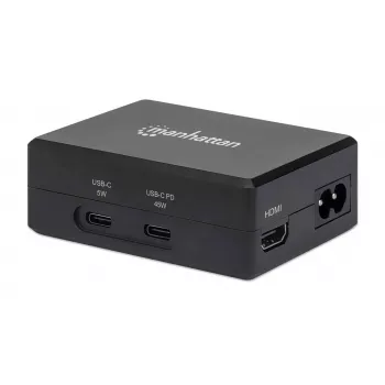 Manhattan Smart Video Multifunktsionaalne Dokk, Pordid (x5): HDMI-port, USB-A (x2), USB-C (x2), USB-C pordi toiteedastusega, sisseehitatud toiteplokk, ülikompaktne, eemaldatav toitekaabel, must, kolmeaastane garantii, jaemüügikarp
