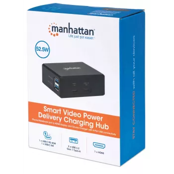 Manhattan Smart Video Multifunktsionaalne Dokk, Pordid (x5): HDMI-port, USB-A (x2), USB-C (x2), USB-C pordi toiteedastusega, sisseehitatud toiteplokk, ülikompaktne, eemaldatav toitekaabel, must, kolmeaastane garantii, jaemüügikarp
