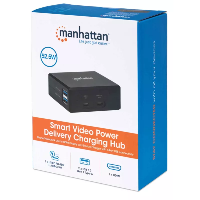 Manhattan Smart Video Multifunktsionaalne Dokk, Pordid (x5): HDMI-port, USB-A (x2), USB-C (x2), USB-C pordi toiteedastusega, sisseehitatud toiteplokk, ülikompaktne, eemaldatav toitekaabel, must, kolmeaastane garantii, jaemüügikarp