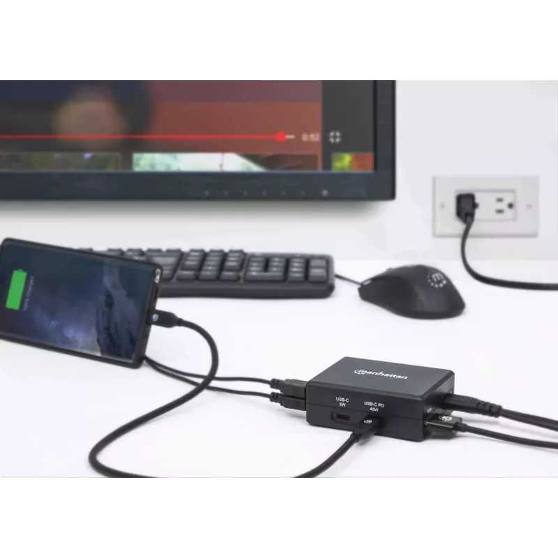 Manhattan Smart Video Multifunktsionaalne Dokk, Pordid (x5): HDMI-port, USB-A (x2), USB-C (x2), USB-C pordi toiteedastusega, sisseehitatud toiteplokk, ülikompaktne, eemaldatav toitekaabel, must, kolmeaastane garantii, jaemüügikarp