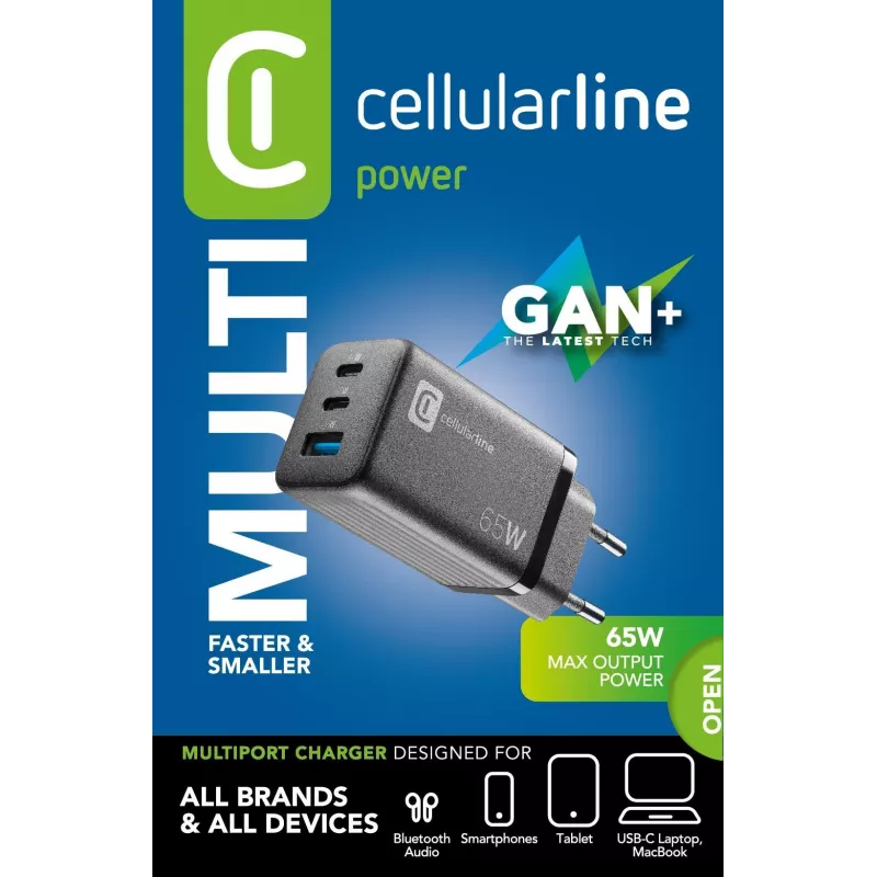 Cellularline Multipower Micro 65W ülikompaktne 65W kiirlaadimisega võrguadapter 3 pordiga