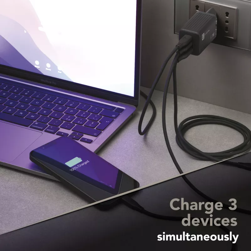 Cellularline Multipower Micro 65W ülikompaktne 65W kiirlaadimisega võrguadapter 3 pordiga