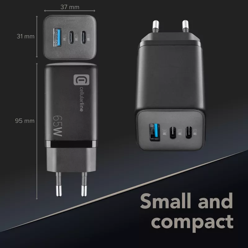 Cellularline Multipower Micro 65W ülikompaktne 65W kiirlaadimisega võrguadapter 3 pordiga