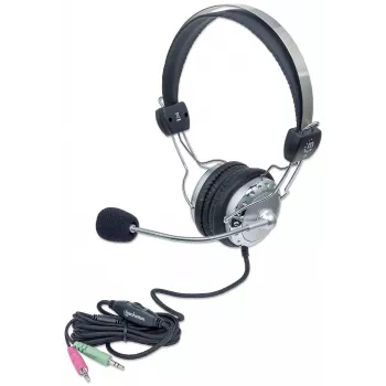 Manhattan Stereo Over-Ear Headset (3.5mm), Microphone Boom (padded), Adjustable Steel Headband, In-Line Volume Control, Ear Cushions, Std 2x 3.5mm stereo jack/plug for audio/mic use, kaabel 2.5m, 3 Year Warranty
