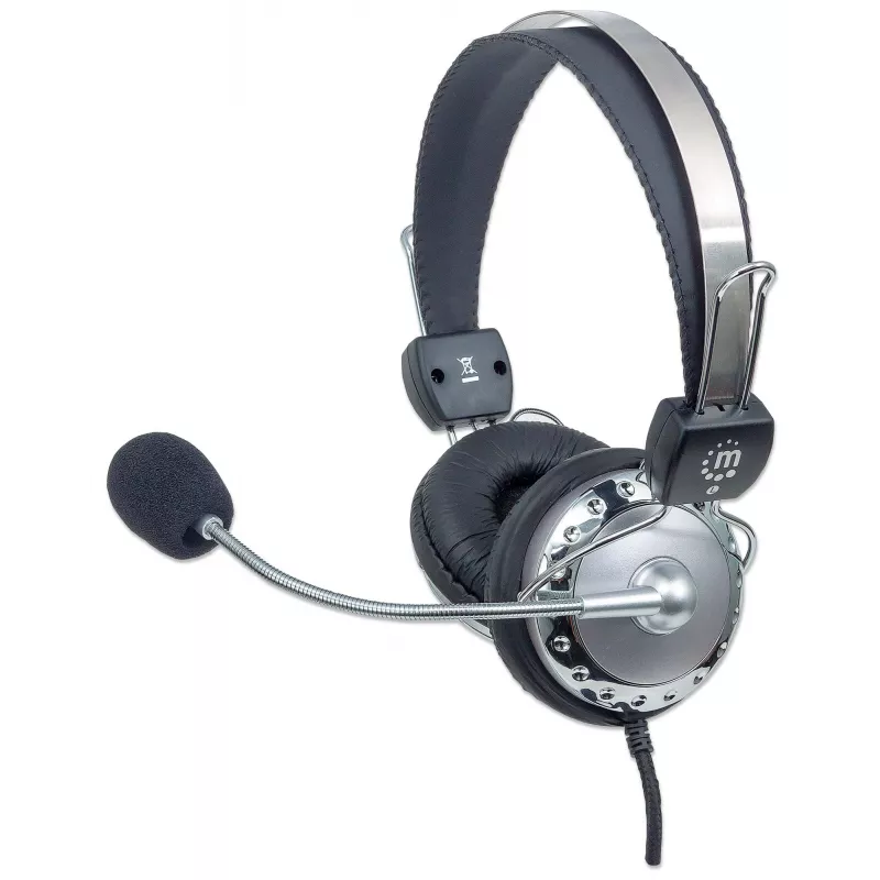 Manhattan Stereo Over-Ear Headset (3.5mm), Microphone Boom (padded), Adjustable Steel Headband, In-Line Volume Control, Ear Cushions, Std 2x 3.5mm stereo jack/plug for audio/mic use, kaabel 2.5m, 3 Year Warranty