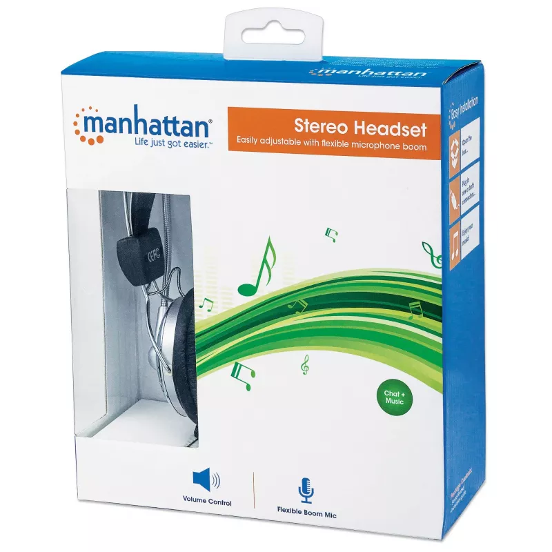 Manhattan Stereo Over-Ear Headset (3.5mm), Microphone Boom (padded), Adjustable Steel Headband, In-Line Volume Control, Ear Cushions, Std 2x 3.5mm stereo jack/plug for audio/mic use, kaabel 2.5m, 3 Year Warranty