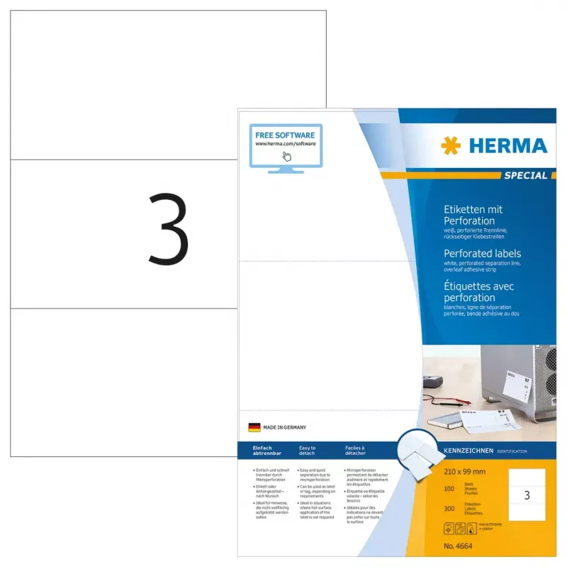 Isekleepuv printerisilt HERMA 4664 A4 210x99 mm valge perforeeritud paber matt 300 tk
