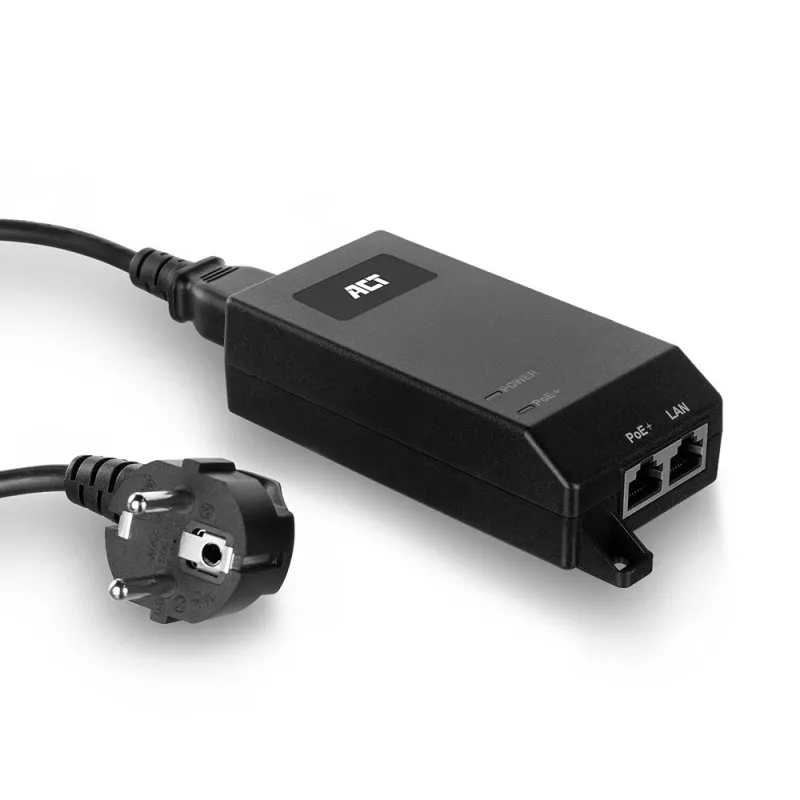 ACT Gigabit PoE+ (30W) injektor, Gigabit Ethernet, 10,100,1000 Mbit/s, IEEE 802.3, IEEE 802.3ab, IEEE 802.3af, IEEE 802.3at, IEEE 802.3u, must, 30 V, 100–240 V