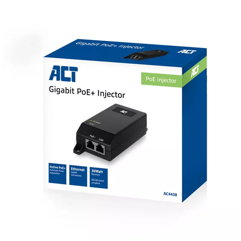 ACT Gigabit PoE+ (30W) injektor, Gigabit Ethernet, 10,100,1000 Mbit/s, IEEE 802.3, IEEE 802.3ab, IEEE 802.3af, IEEE 802.3at, IEEE 802.3u, must, 30 V, 100–240 V