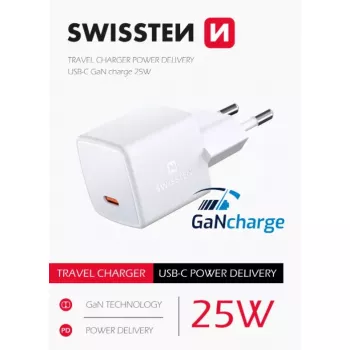 SWISSTEN Mini reisilaadur GaN 25W PD USB-C kiirlaadija telefonidele ja tahvelarvutitele
