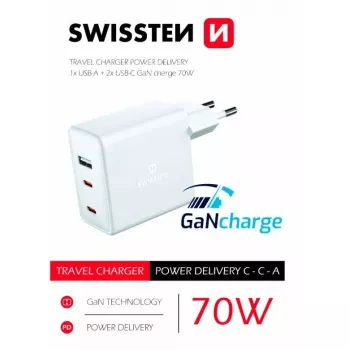 SWISSTEN reisilaadija GaN 70W 2×USB-C kiirlaadija sülearvutitele ja telefonidele