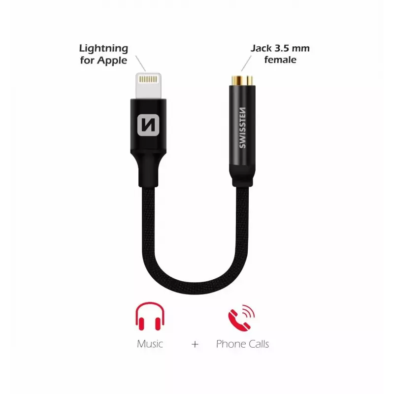 Heliadapter SWISSTEN Lightning 3,5 mm pesasse SW-LIGHT-3.5MM-BK, kaabel 0,15 m, must