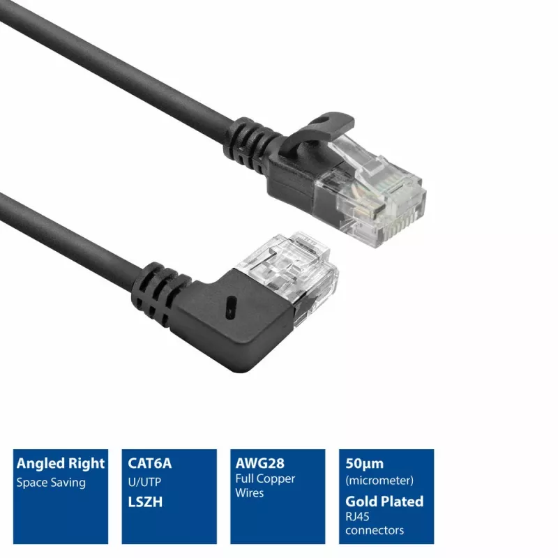 ACT Must 3 meetrit U/UTP CAT6A LSZH õhuke patch-kaabel RJ45-pistikuga 90° nurga all paremale ja sirge