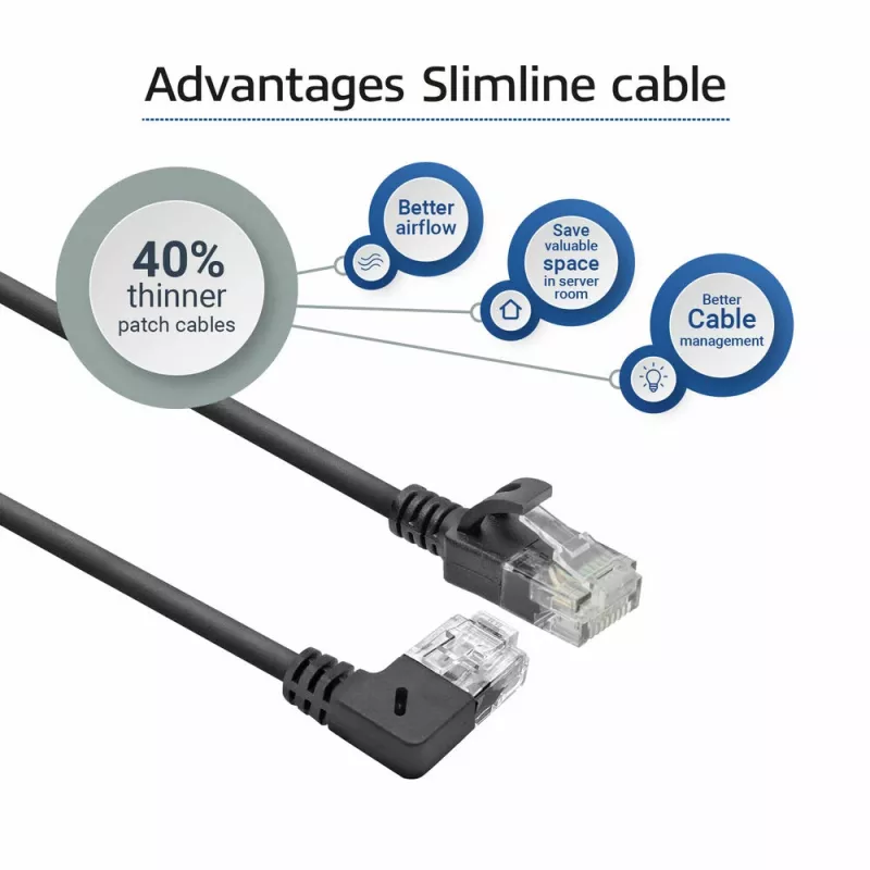 ACT Must 5 m U/UTP CAT6A LSZH õhuke ühenduskaabel, RJ45 pistikutega, 90° nurga all paremale sirgeks