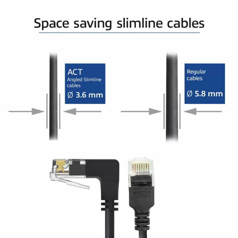 ACT must 1-meetrine U/UTP CAT6A LSZH õhuke patch-kaabel RJ45 pistikutega 90° allapoole suunatud – sirge