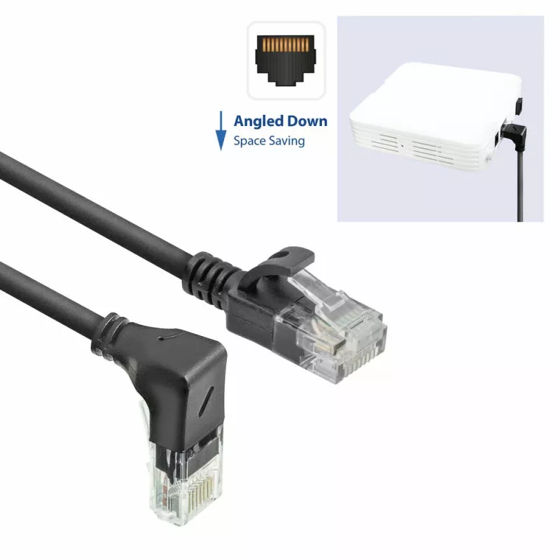 ACT Must 3 meetrit U/UTP CAT6A LSZH õhuke ühenduskaabel RJ45 ühenduspesadega 90° allapoole kaldu sirgele