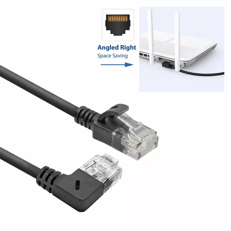 ACT Must 0,15 meetrit U/UTP CAT6A LSZH õhuke ühenduskaabel RJ45-pistikuga 90° nurga all paremalt otse