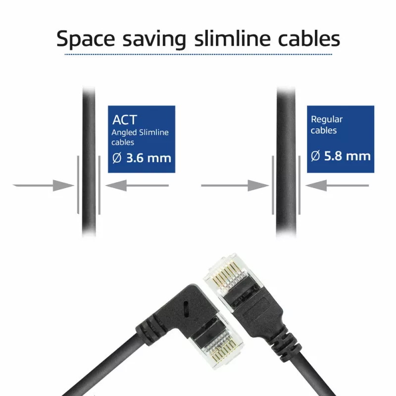 ACT Must 0,15 meetrit U/UTP CAT6A LSZH õhuke ühenduskaabel RJ45-pistikuga 90° nurga all paremalt otse